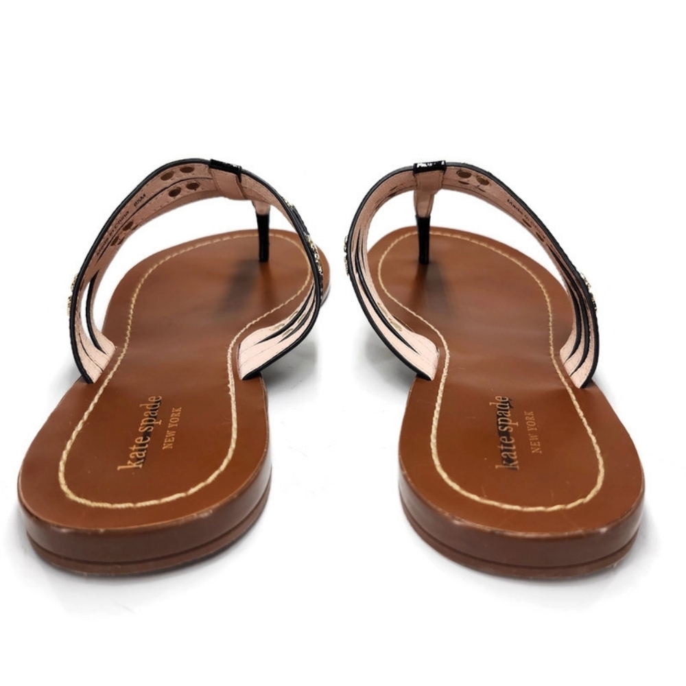Kate Spade Carol Black Patent Leather Gold Spade Studs Slide-On Thong Sandals - Picture 7 of 11